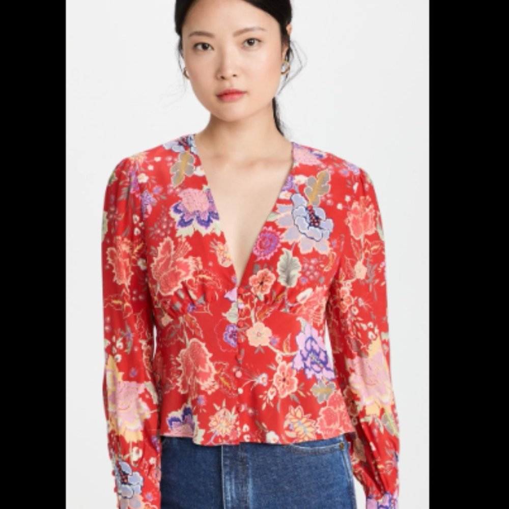 RIXO Azra Long Sleeve Top - Red Floral Print